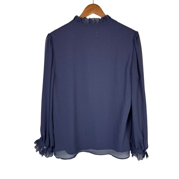 Carmen Marc Valvo Navy Sheer Chiffon Long Sleeve Button Up Business Blouse - Picture 9 of 13